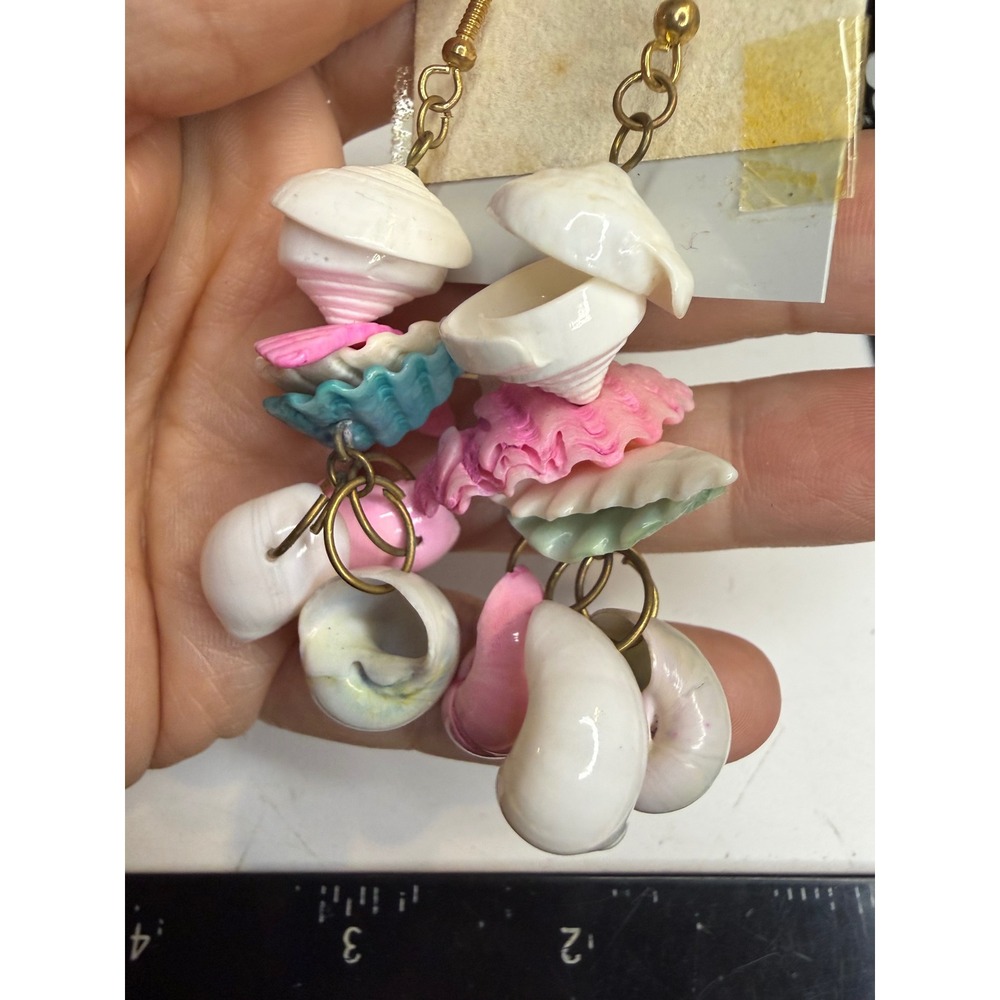 Coastal Seashell Cluster Dangle Earrings Pink White Teal Beach Boho Statement